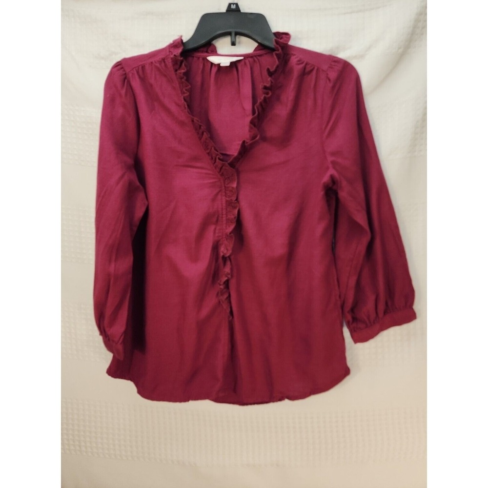LC Lauren Conrad Blouse Womens XS Ruffle Henley Wine Eyelet 3/4 Sleeve Top
